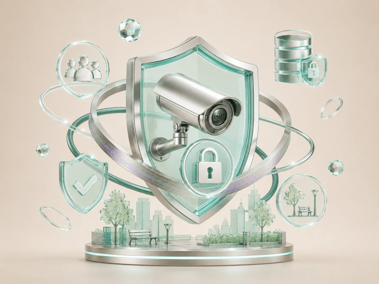 Futuristic security design with city park