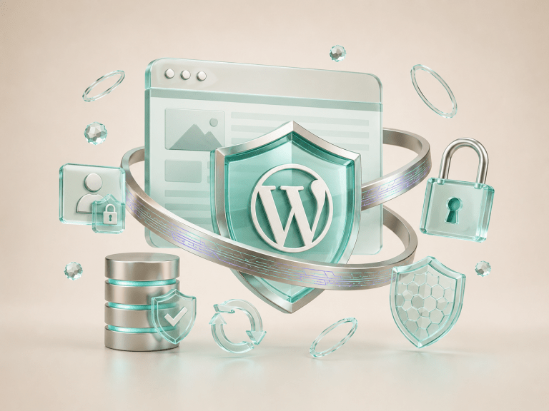 WP wordpress web site cybersecurity shield and interface